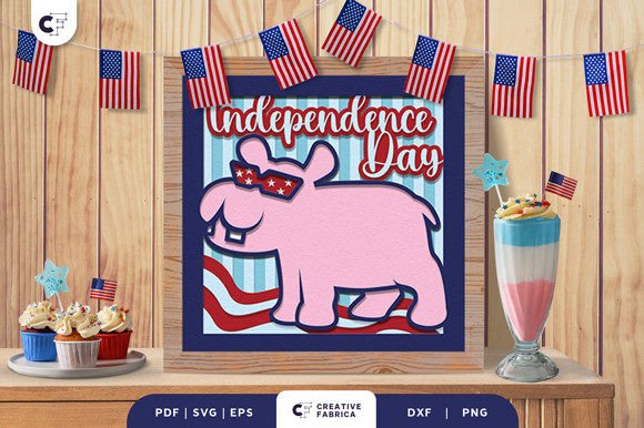 4th of July Hippo 3D Shadow Box SVG